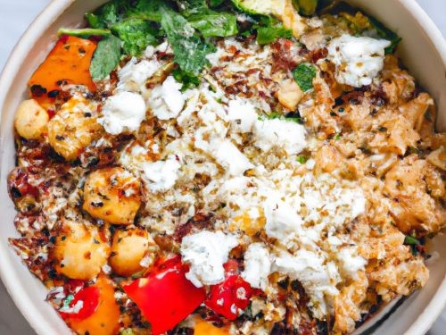 Vibrant close-up of a warm healthy quinoa dinner bowl with roasted vegetables and a sprinkle of fresh herbs.