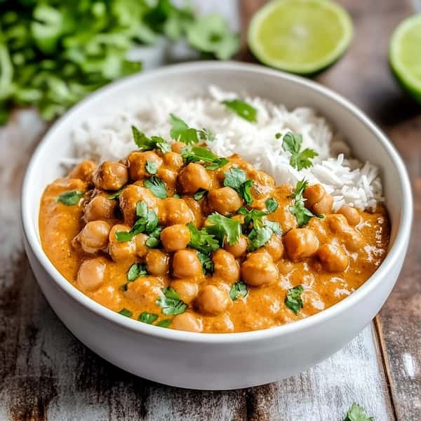bowl of steaming chickpea curry with warm lighting