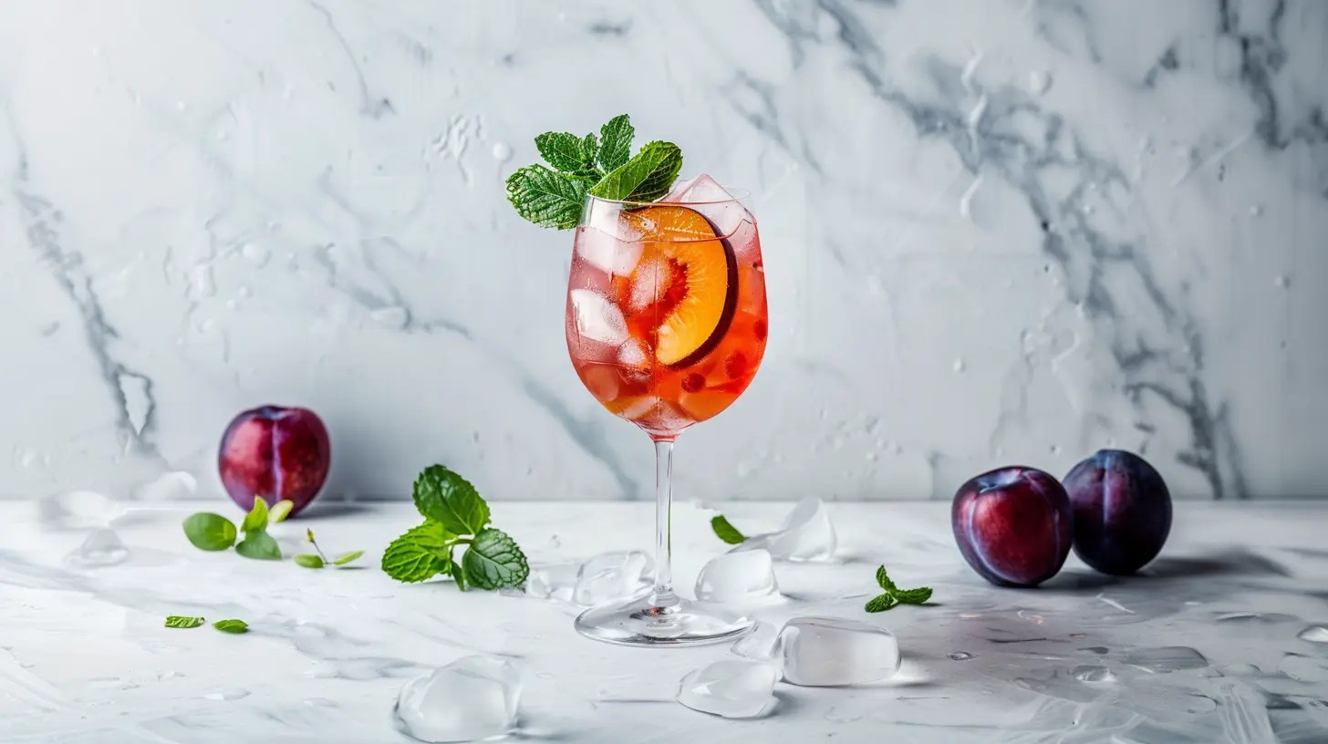 plum anise hugo spritz cocktail in a glass with plum slices and star anise