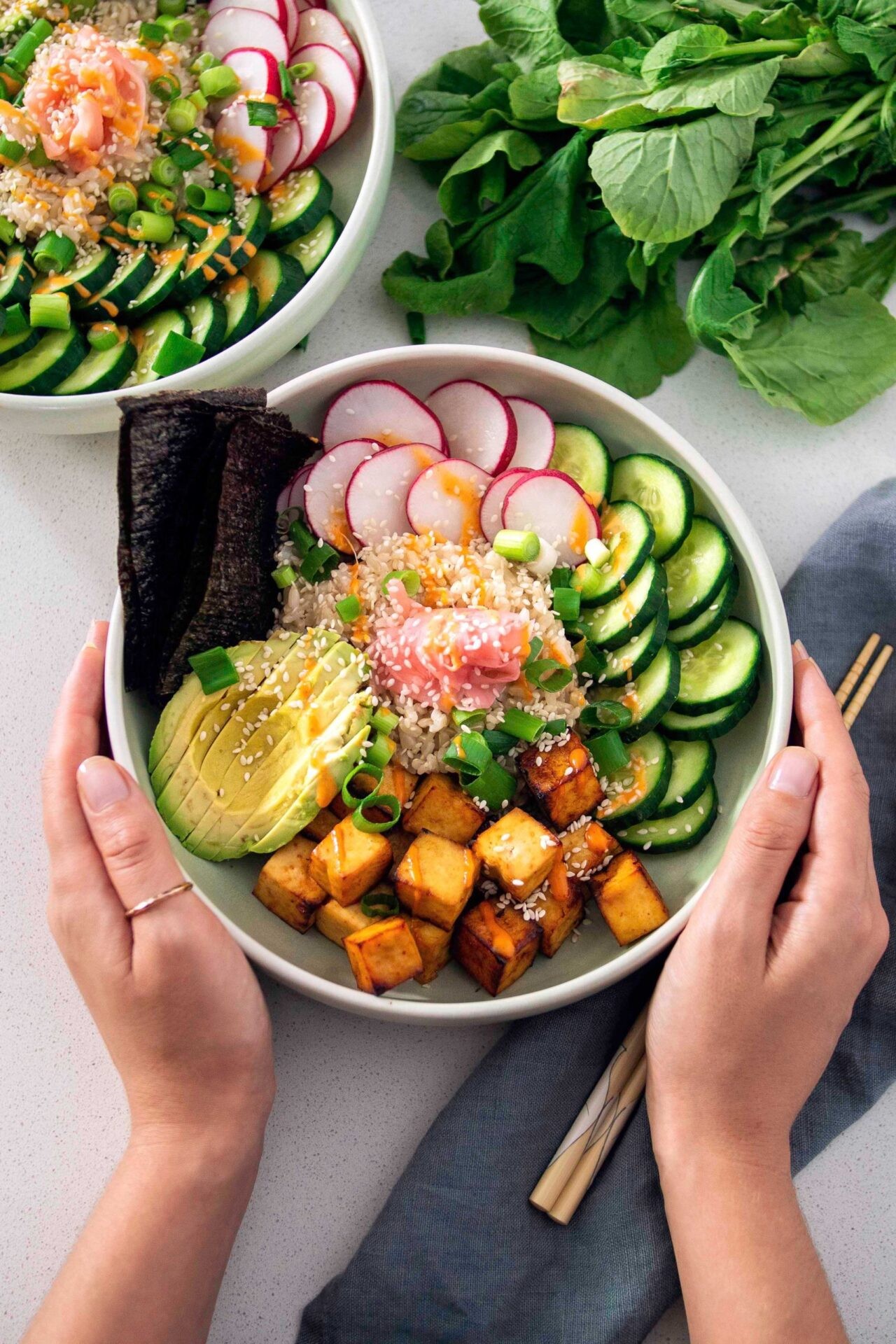 overhead shot of a vibrant sushi bowl with various colorful ingredients