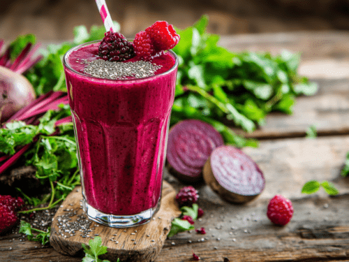 vibrant beet berry protein smoothie in a glass