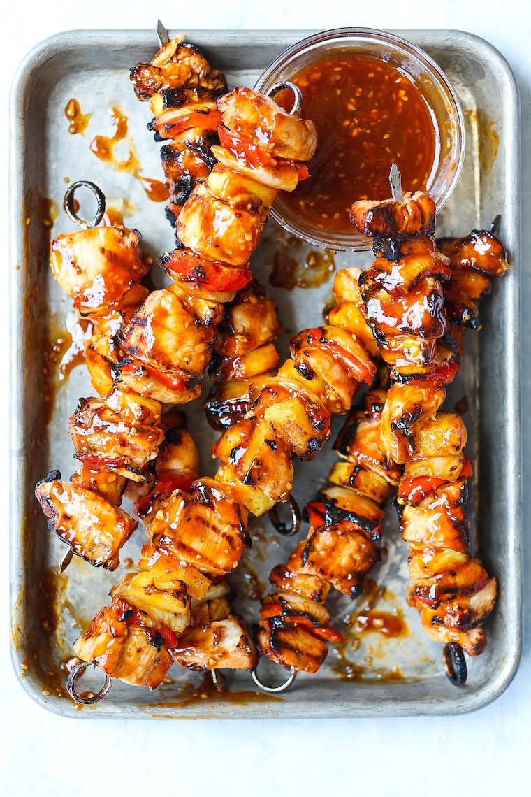grilled pineapple chicken skewers on a grill