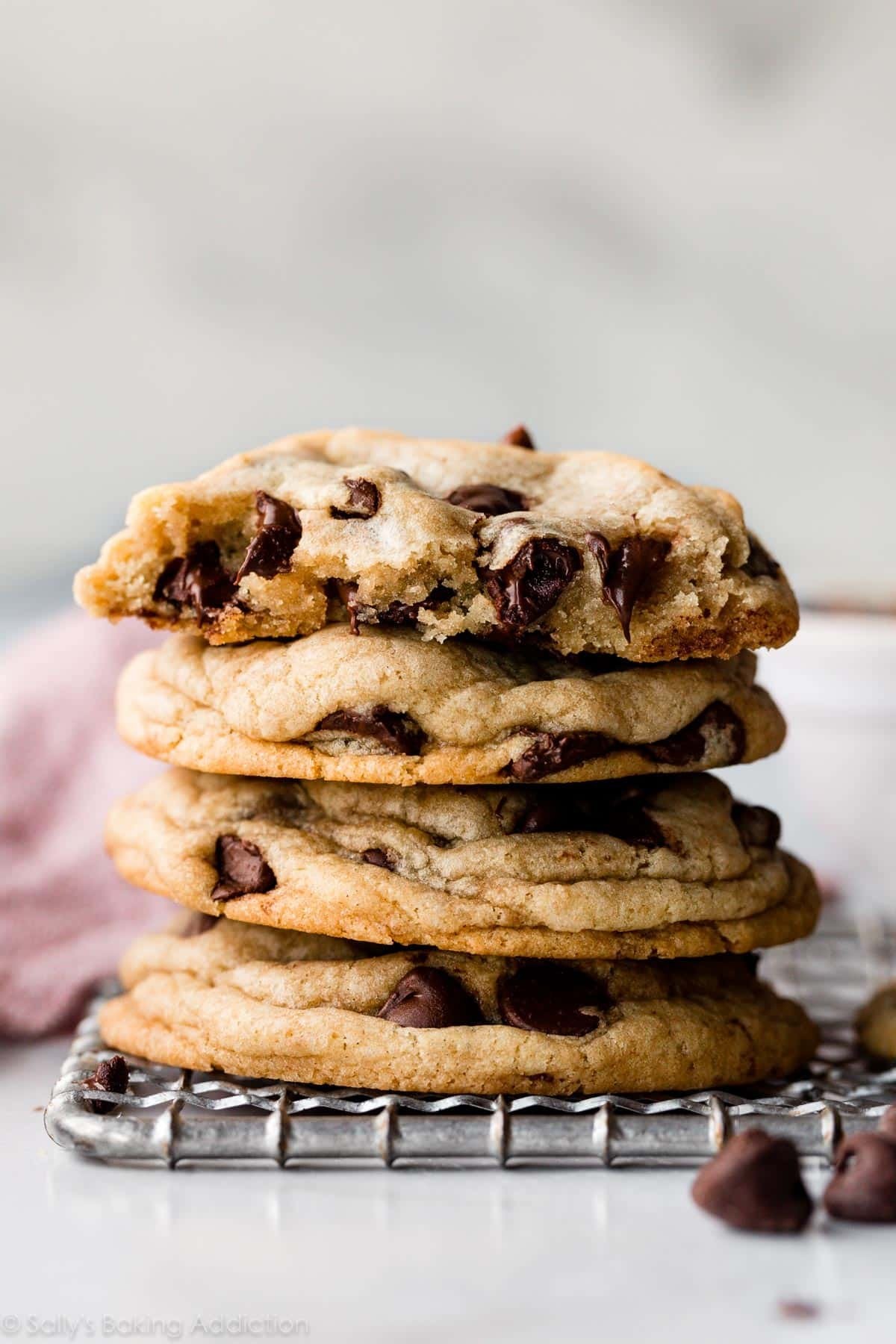 stack of freshly baked chocolate chip cookies
