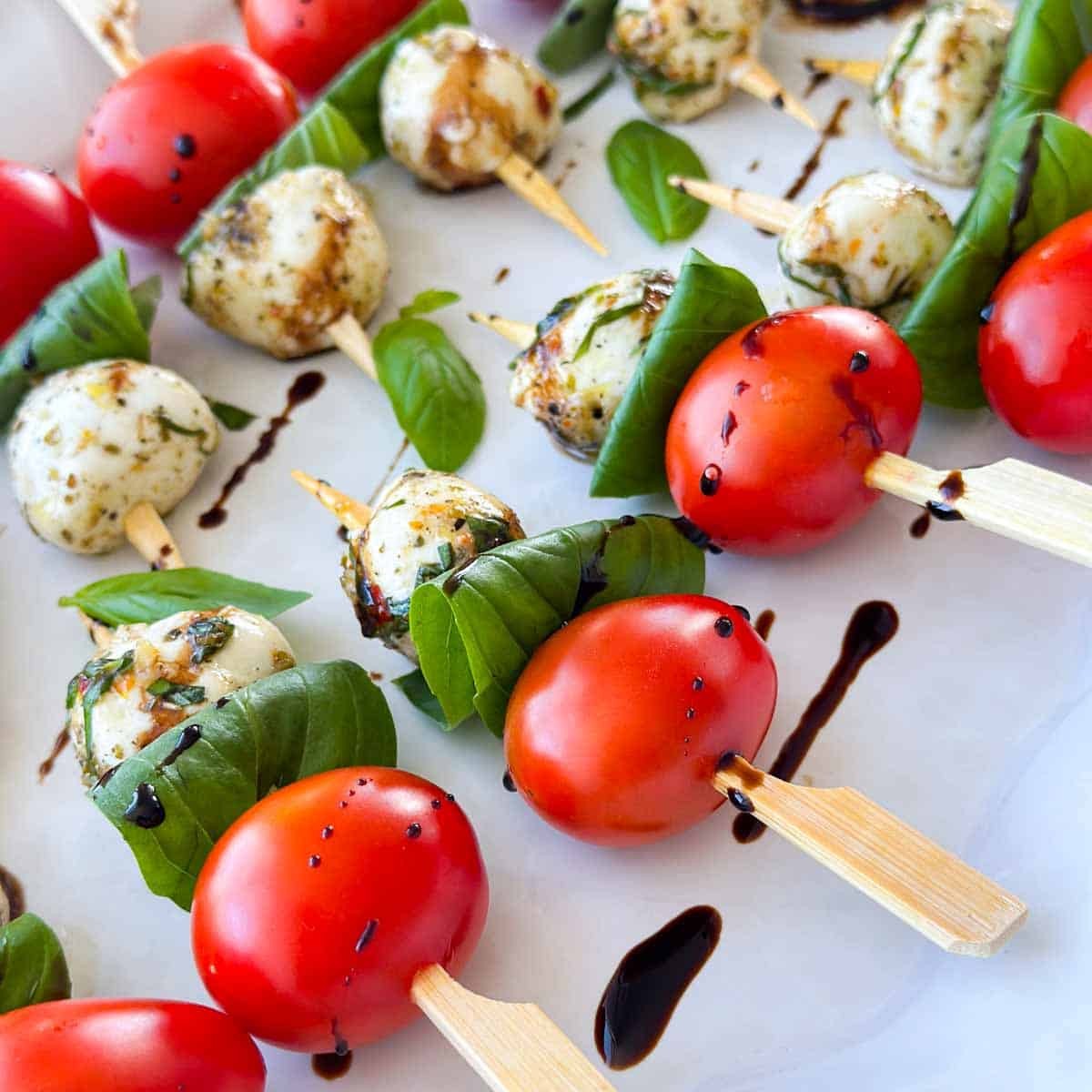 caprese skewers with balsamic pearls close-up