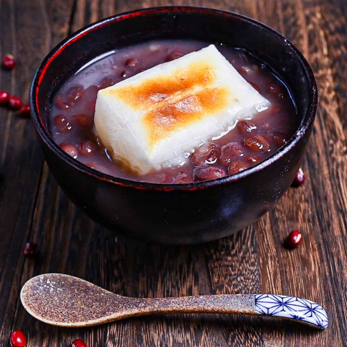 bowl of zensai with mochi and red bean paste