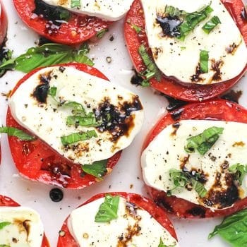 close up shot of Caprese Sorbet garnished with fresh basil and balsamic glaze
