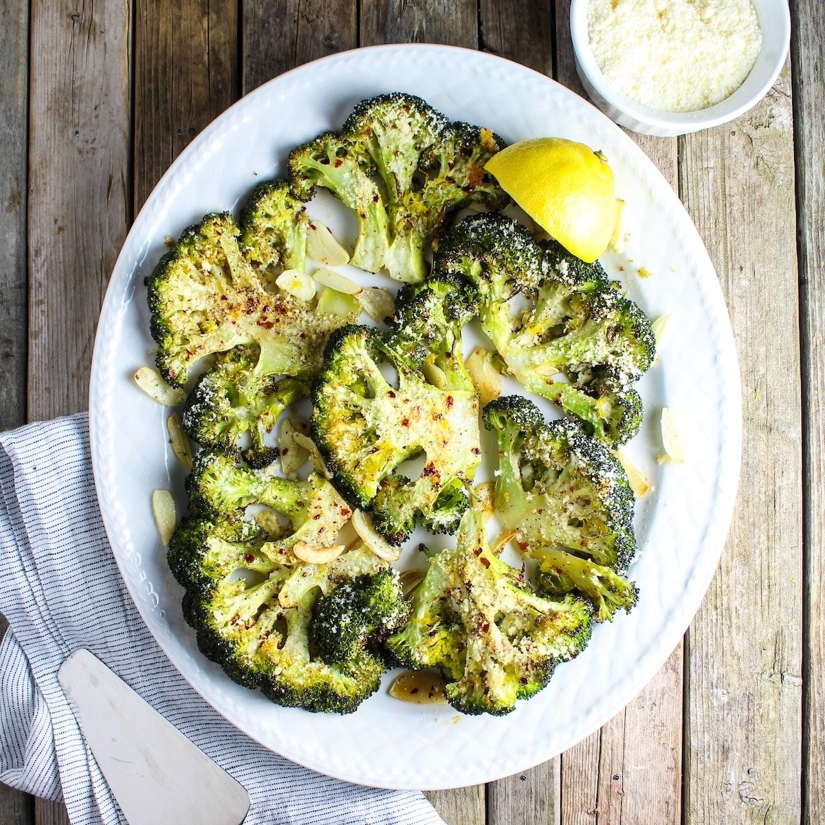 roasted broccoli with parmesan cheese and red pepper flakes
