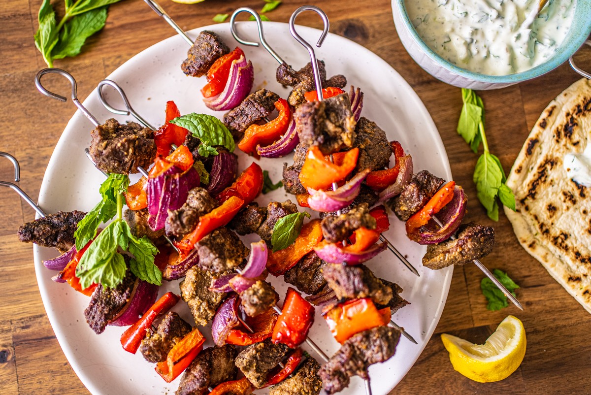 Spiced lamb kebabs grilled and served with mint yogurt sauce