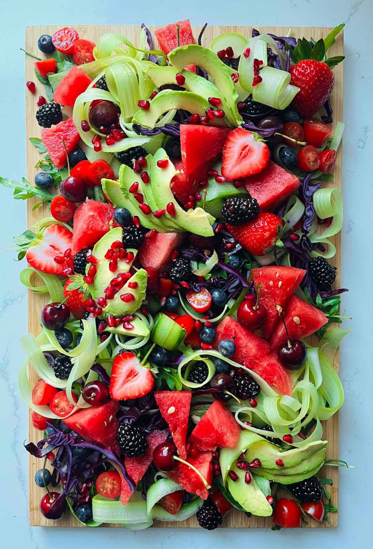 a vibrant Watermelon Cucumber Pasta Salad with Blackberries