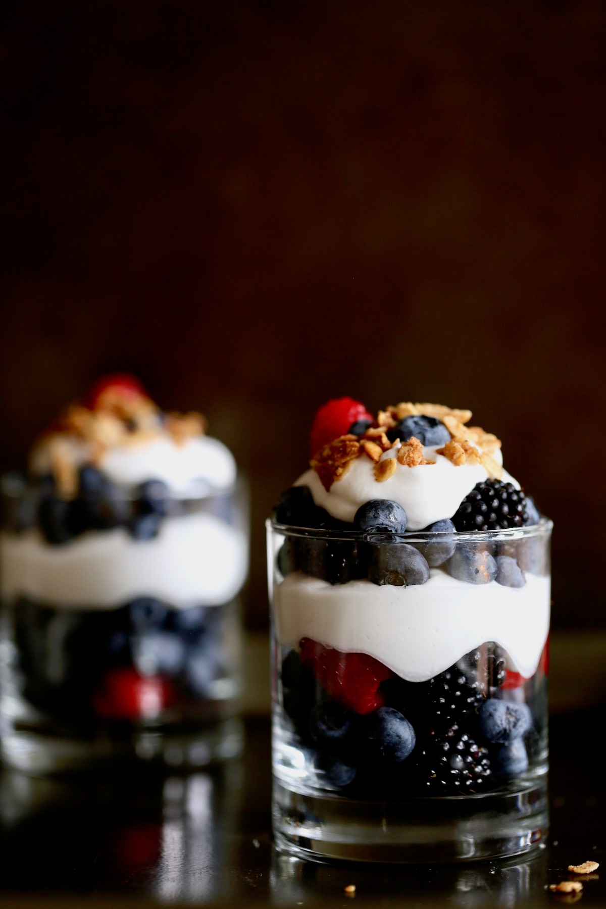 Berry waffles parfait with whipped cream and fresh berries