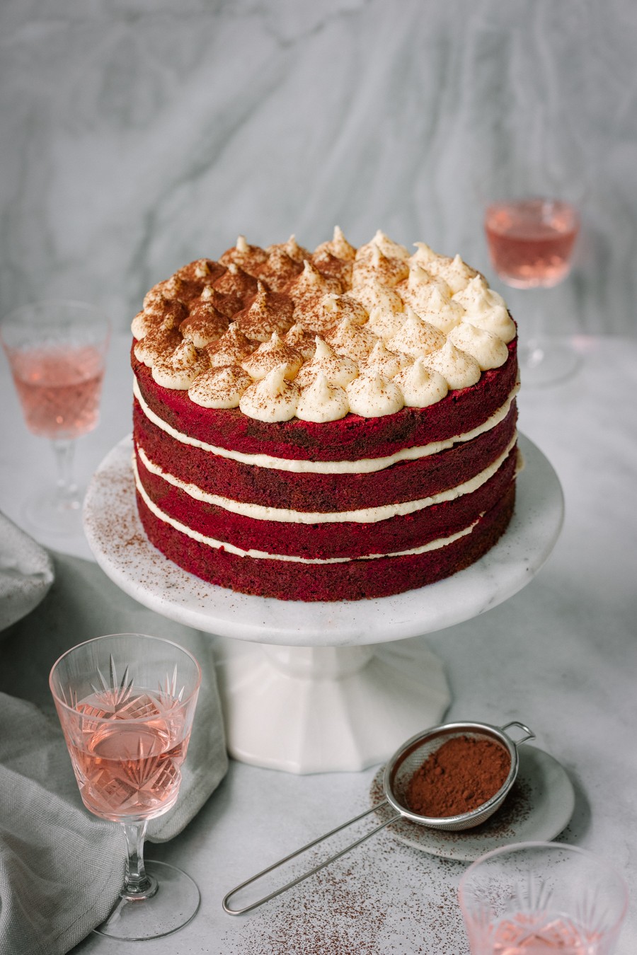 Crimson velvet sunrise cake with cream cheese frosting