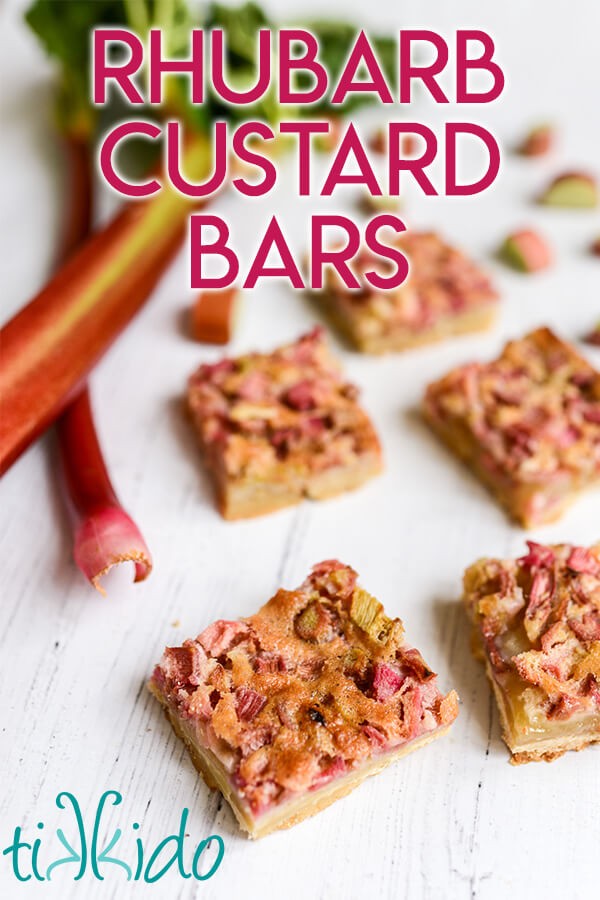 Raki Rhubarb Custard Bars on a rustic wooden table