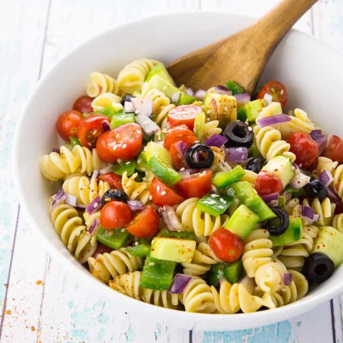 bright and colorful california veggie pasta salad