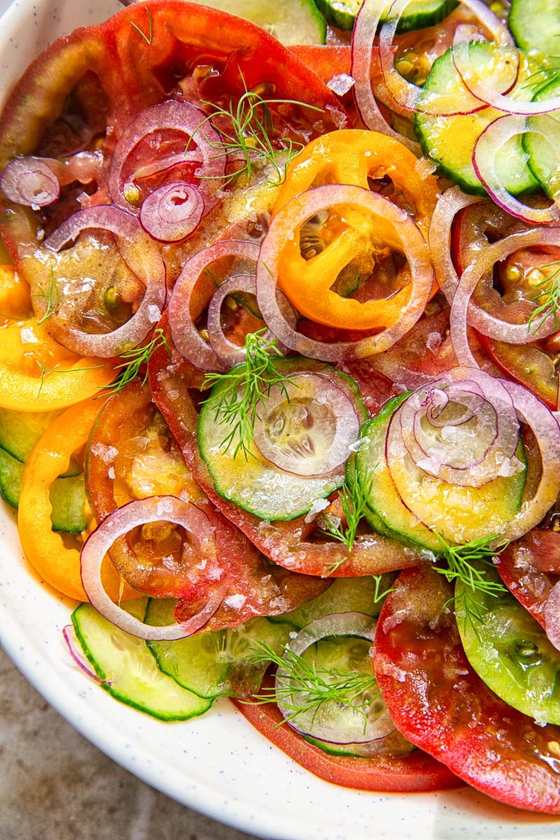 heirloom tomato and cucumber salad with red onion close up