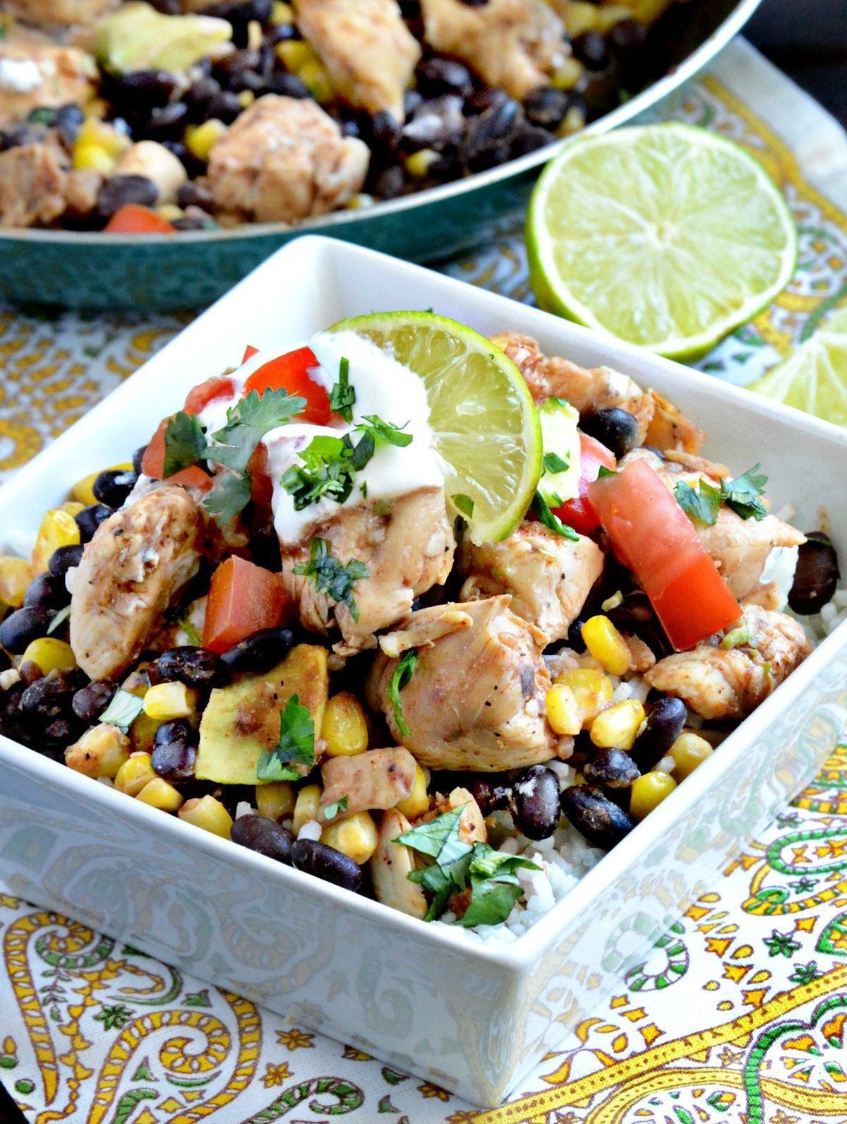 Avocado lime chicken stir-fry in a skillet