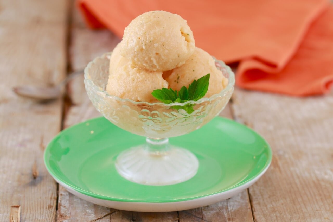 close up shot of homemade cantaloupe mint frozen yogurt sorbet in a glass bowl with a sprig of mint