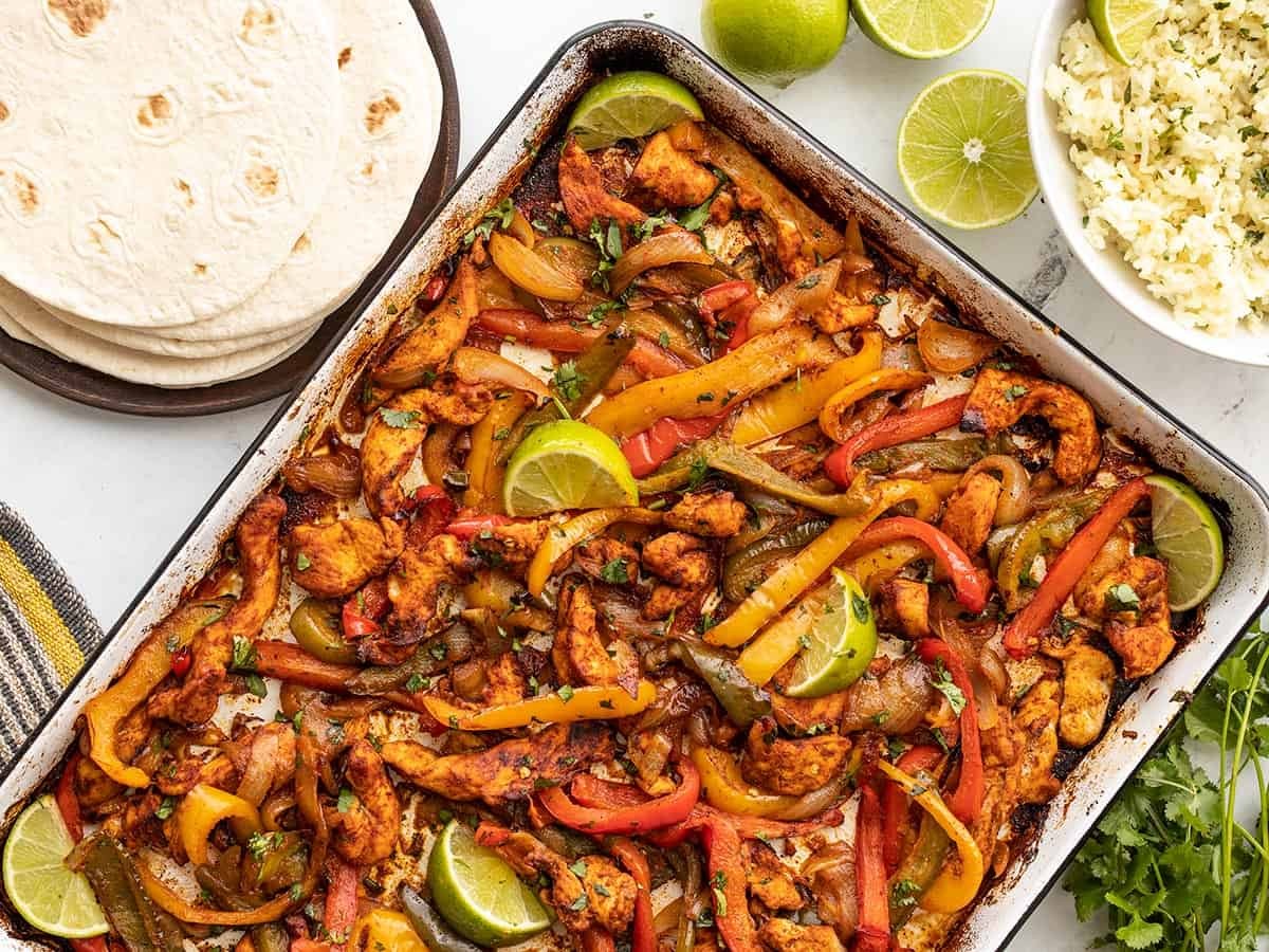 sheet pan fajitas fresh out of the oven