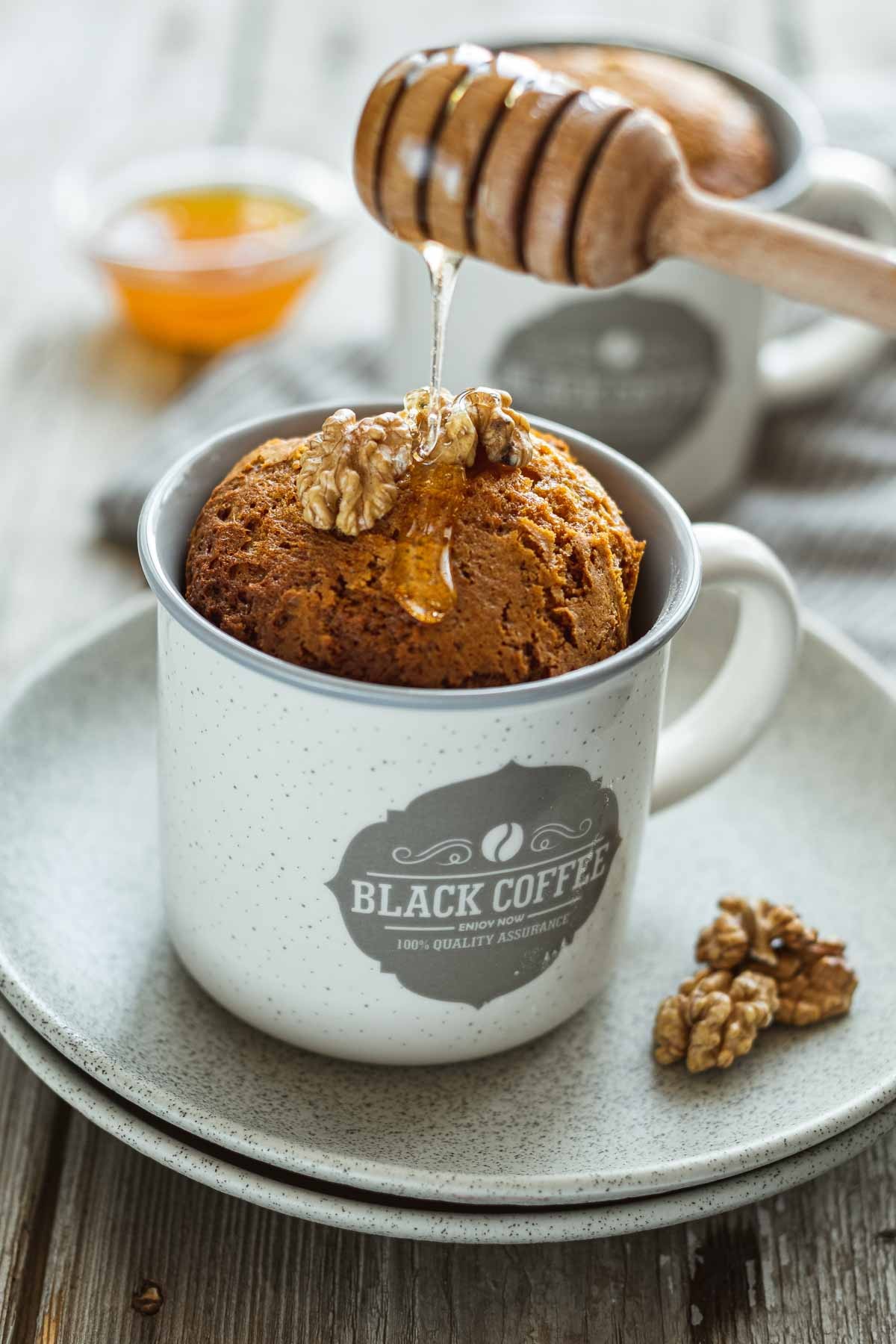 honey chamomile mug cake in a rustic setting