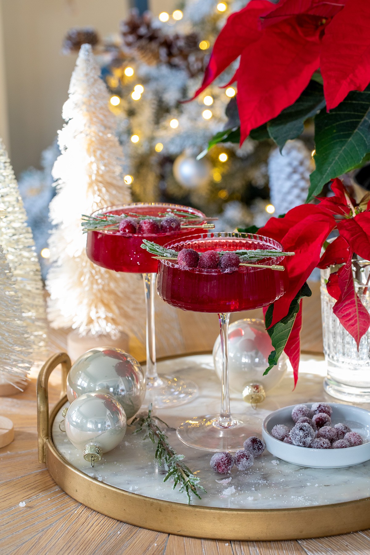 Vibrant cranberry spritz in a festive glass with holiday decor