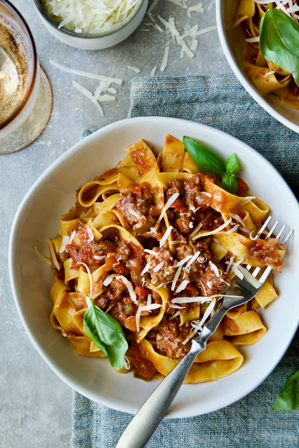 Slow cooker bell pepper and sausage ragu served over pasta
