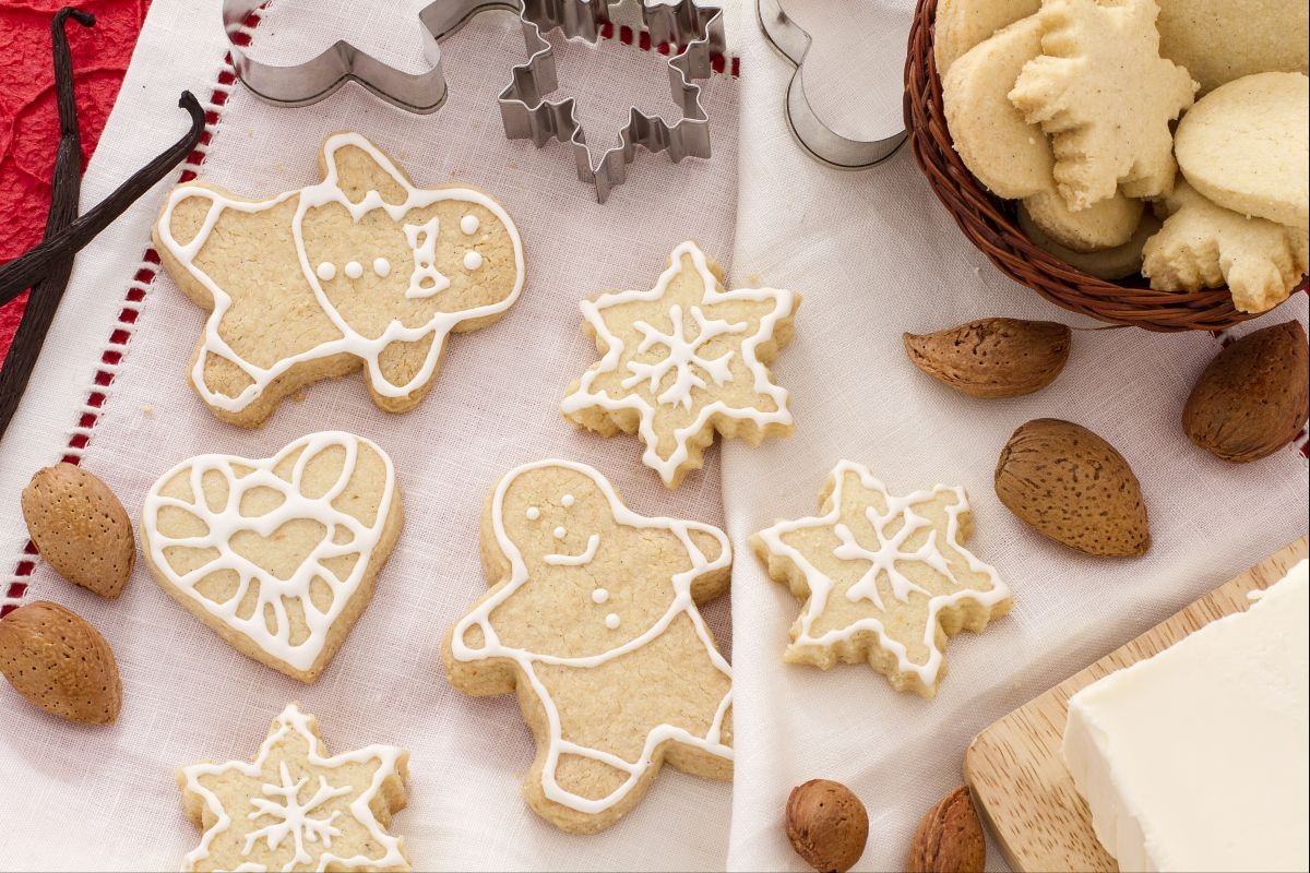 beautifully decorated almond cookies close-up festive arrangement