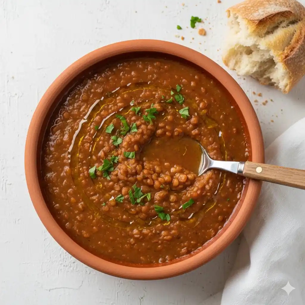 A steaming bowl of rich lentil vegetable stew, garnished with fresh herbs, on a rustic wooden table with a cozy blanket.