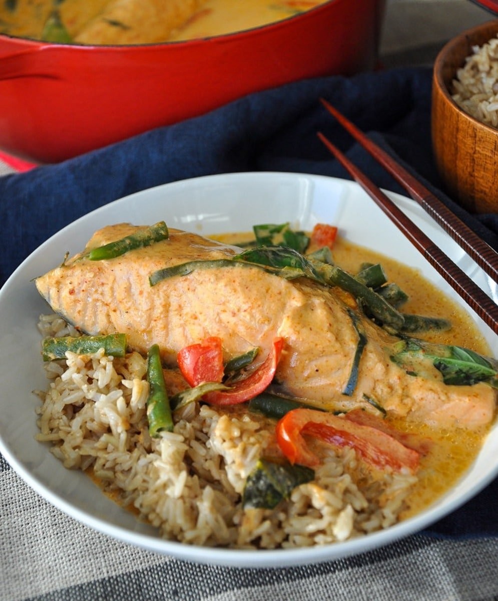 salmon panang curry served over quinoa