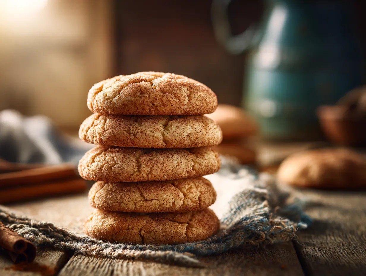 Stack of golden snickerdoodle cookies dusted with cinnamon sugar, warm and inviting.