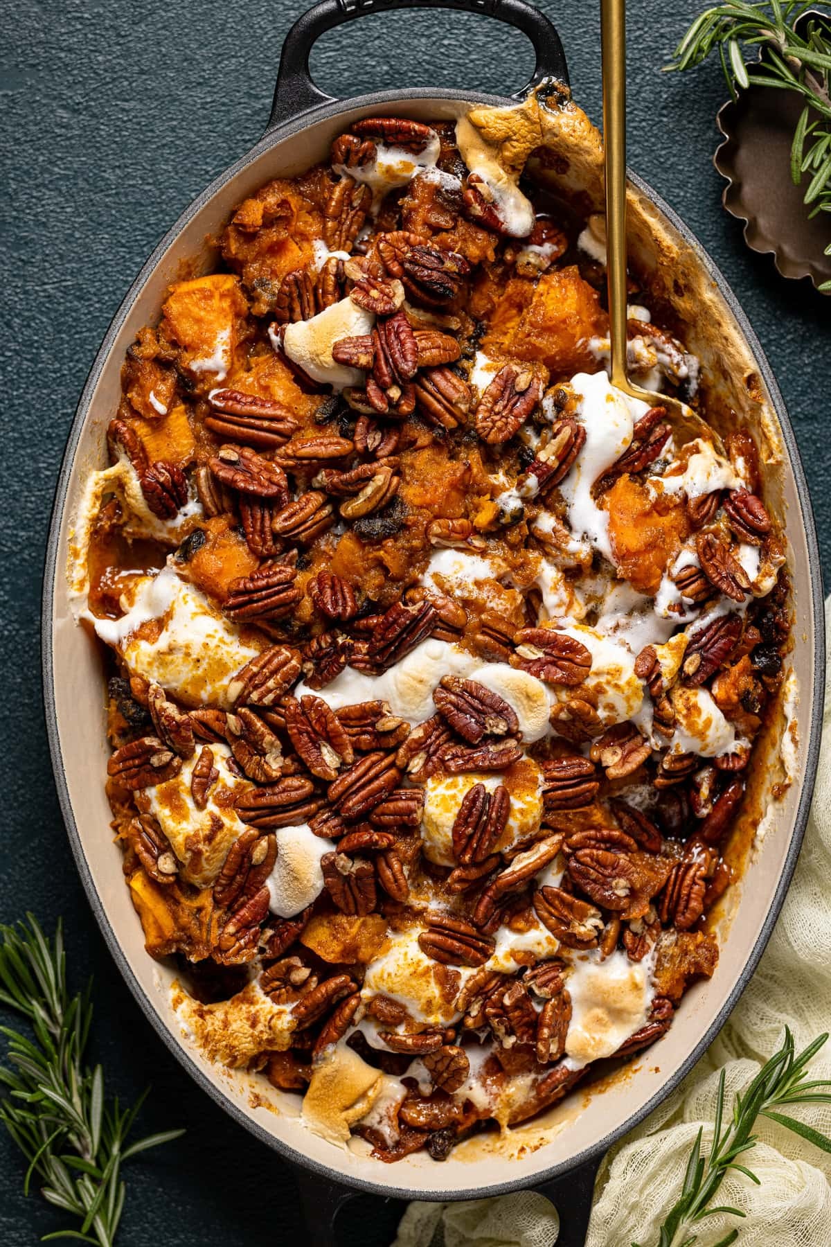 rustic sweet potato casserole with maple butter drizzle close-up