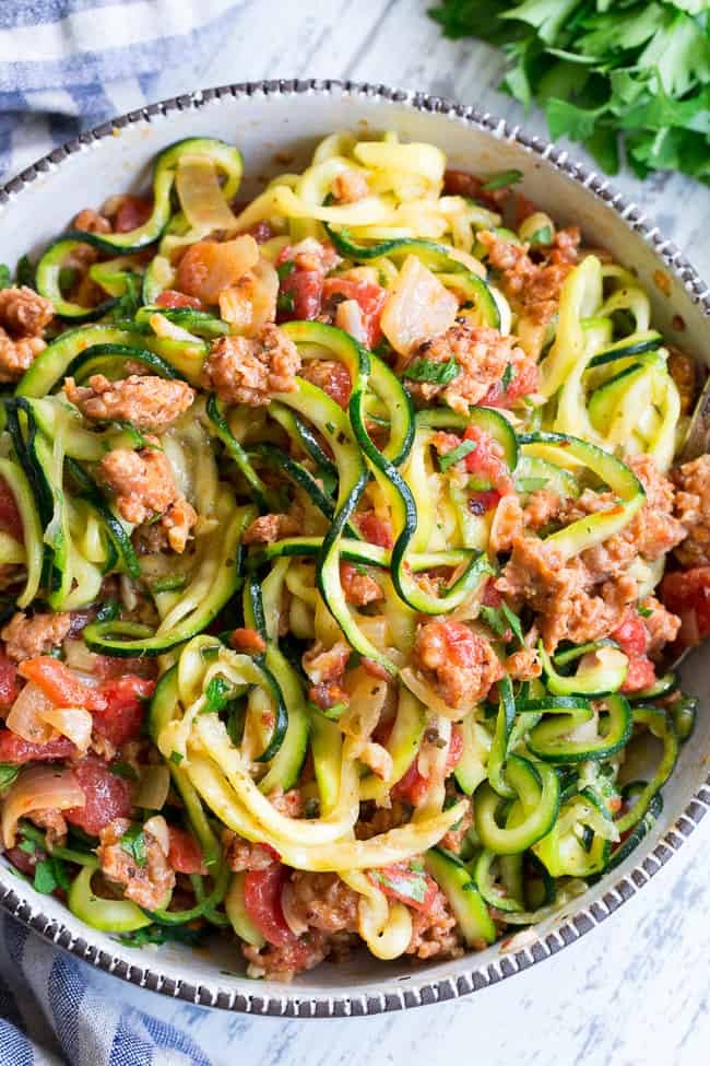 creamy tomato basil zucchini noodles with Italian sausage