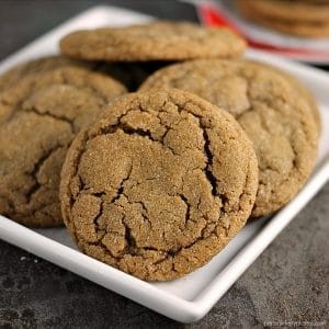 close up of soft and chewy ginger snap cookies on a plate