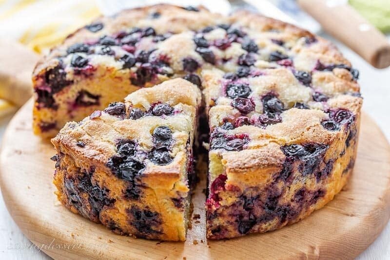 blueberry cornbread topped with fresh fruit