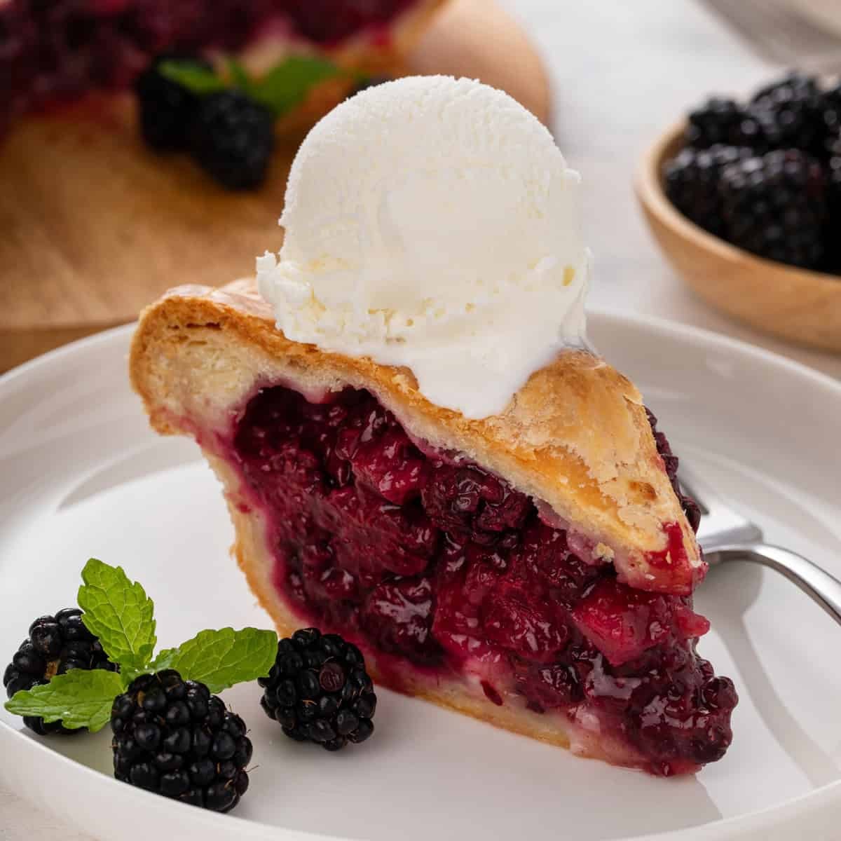 a slice of blackberry rhubarb pie with a flaky crust