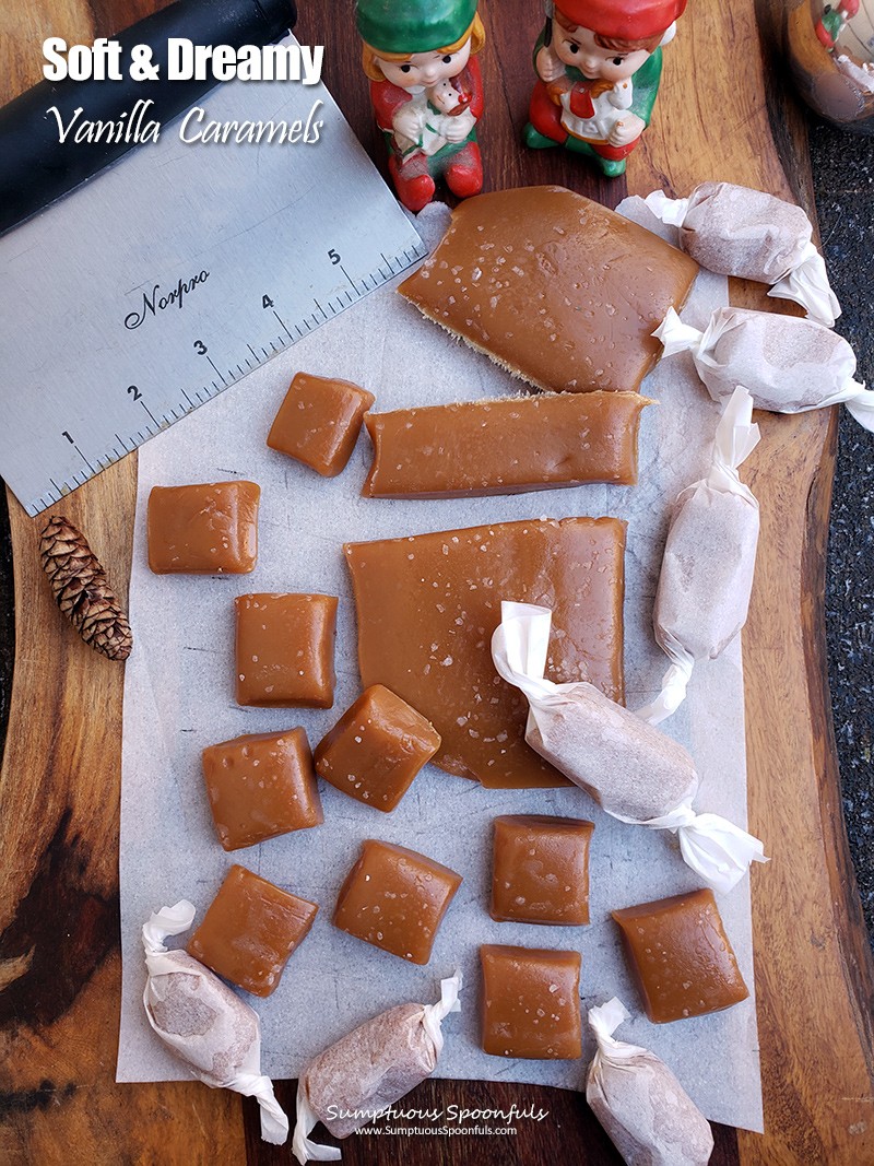 homemade soft chew vanilla caramels cut into squares on parchment paper, rustic and inviting