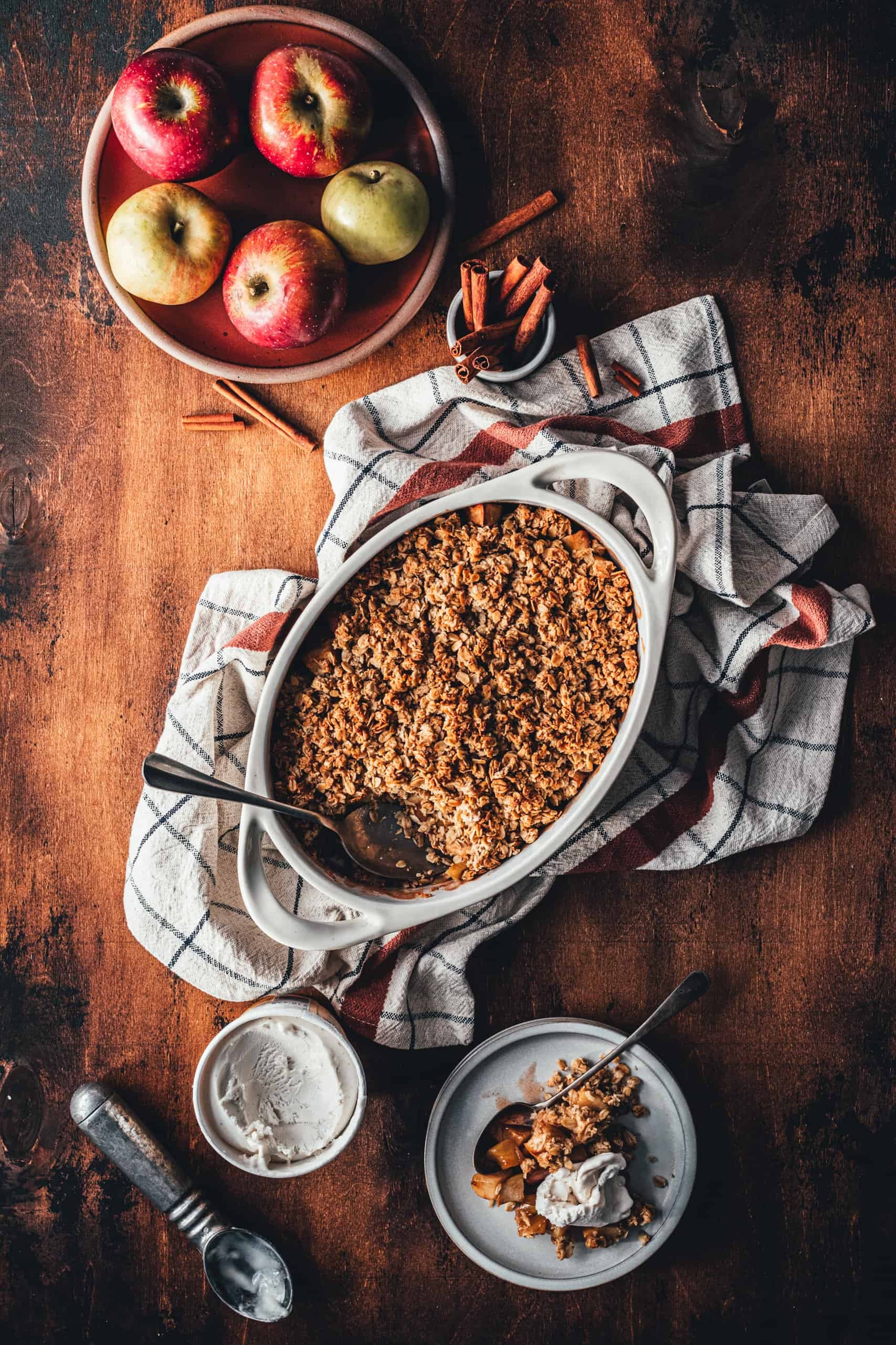 maple walnut apple crumble in a rustic setting
