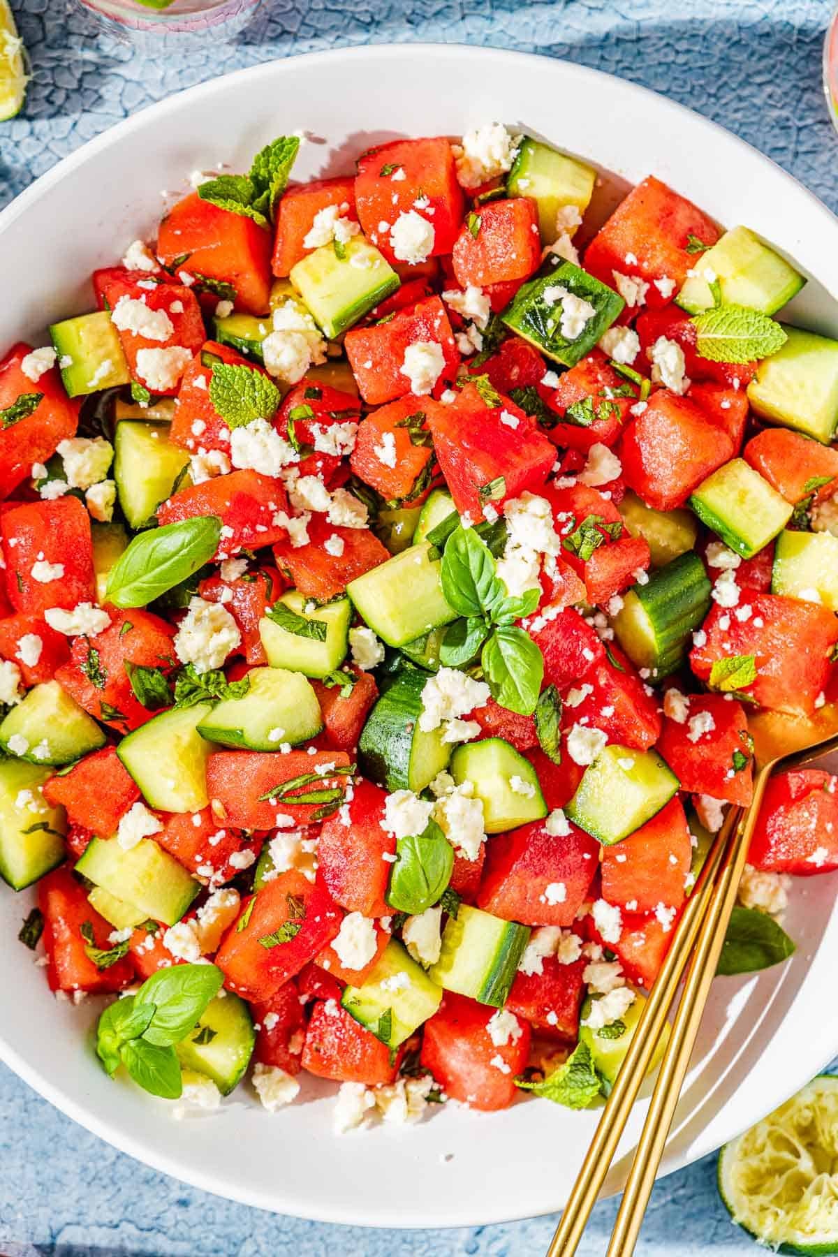 bright and colorful watermelon cucumber pasta salad with almonds