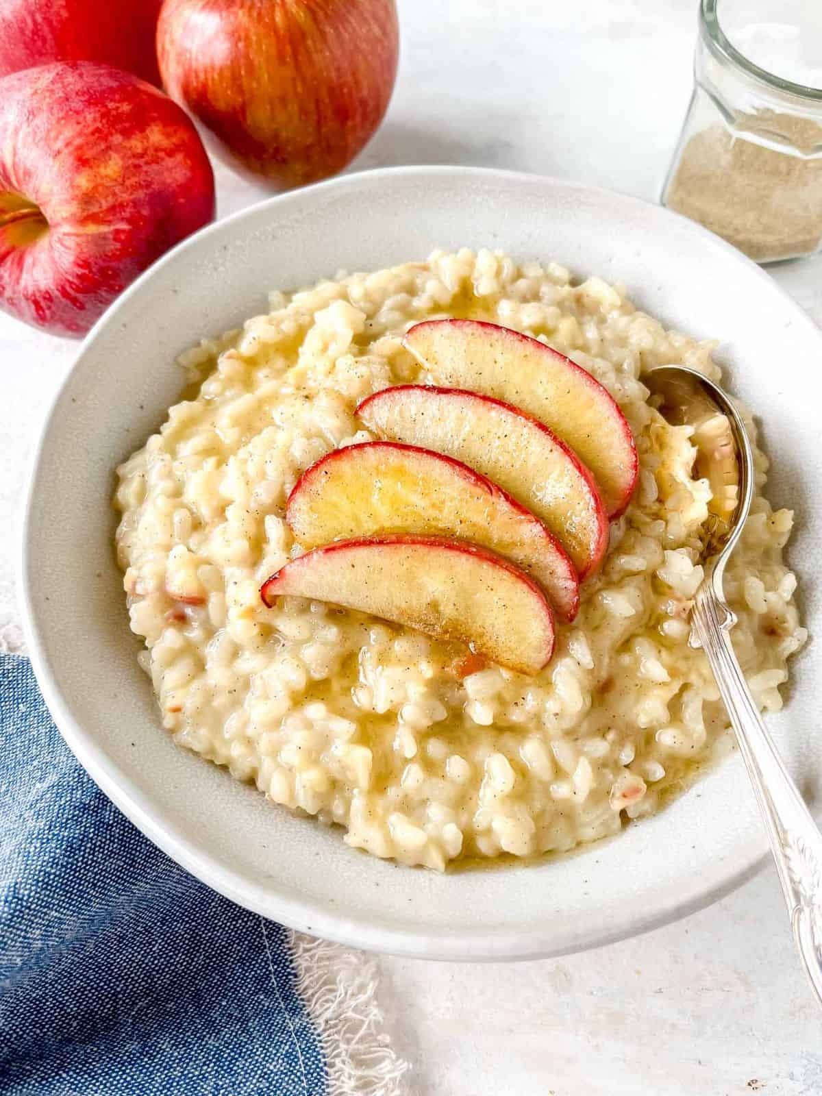 Apple Crisp Rice Pudding in a baking dish, golden brown