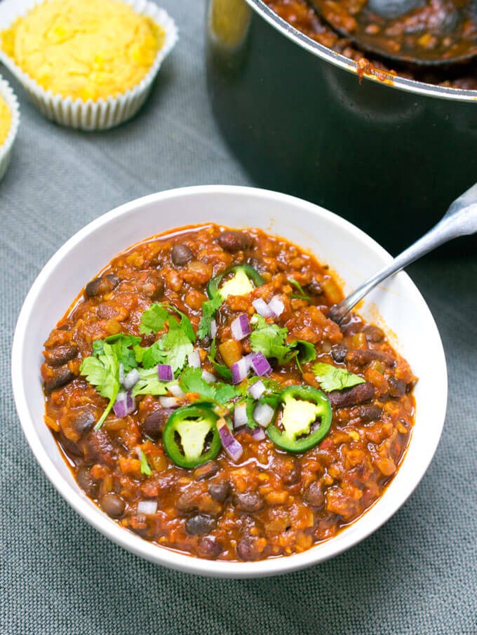 a bowl of vegan chili with california chiles and marjoram